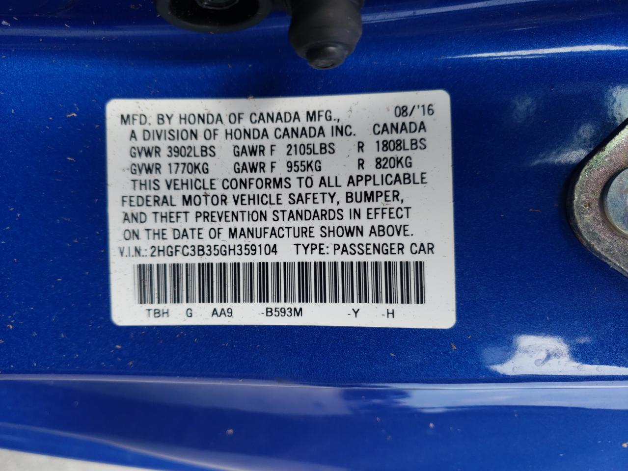 Photo 10 from auction – 2016 HONDA CIVIC EX with VIN 2HGFC3B35GH359104