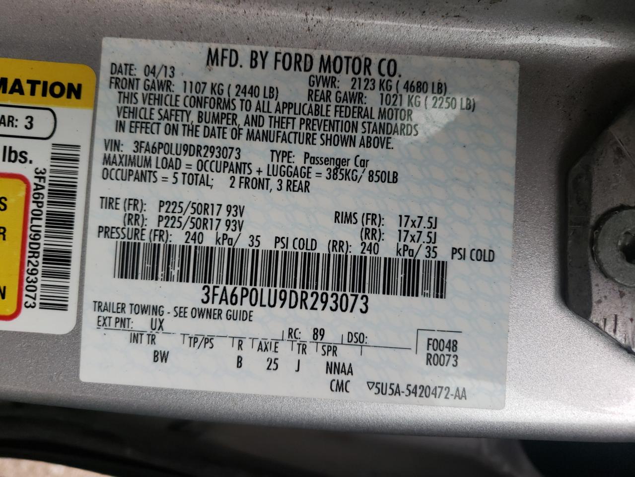 Photo 10 from auction – 2013 FORD FUSION SE with VIN 3FA6P0LU9DR293073