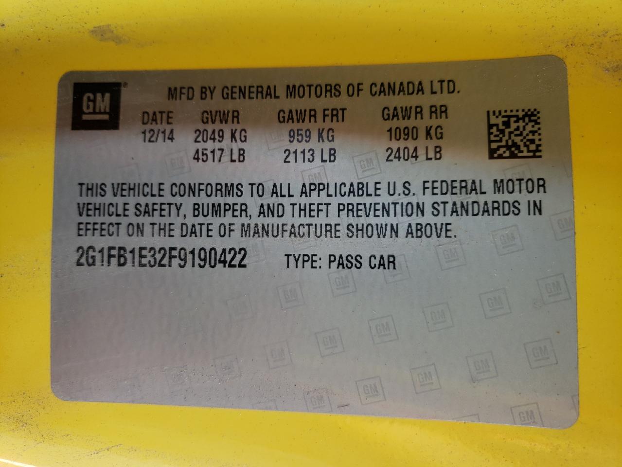 Photo 10 from auction – 2015 CHEVROLET CAMARO LS with VIN 2G1FB1E32F9190422