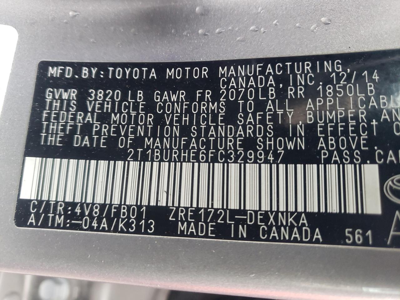 Photo 10 from auction – 2015 TOYOTA COROLLA L with VIN 2T1BURHE6FC329947