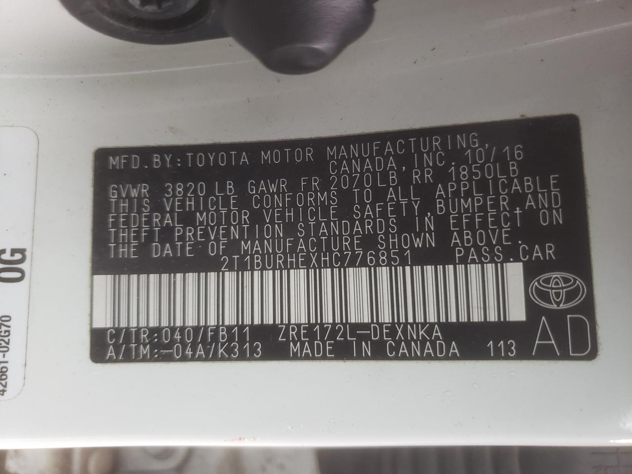 Photo 10 from auction – 2017 TOYOTA COROLLA L with VIN 2T1BURHEXHC776851
