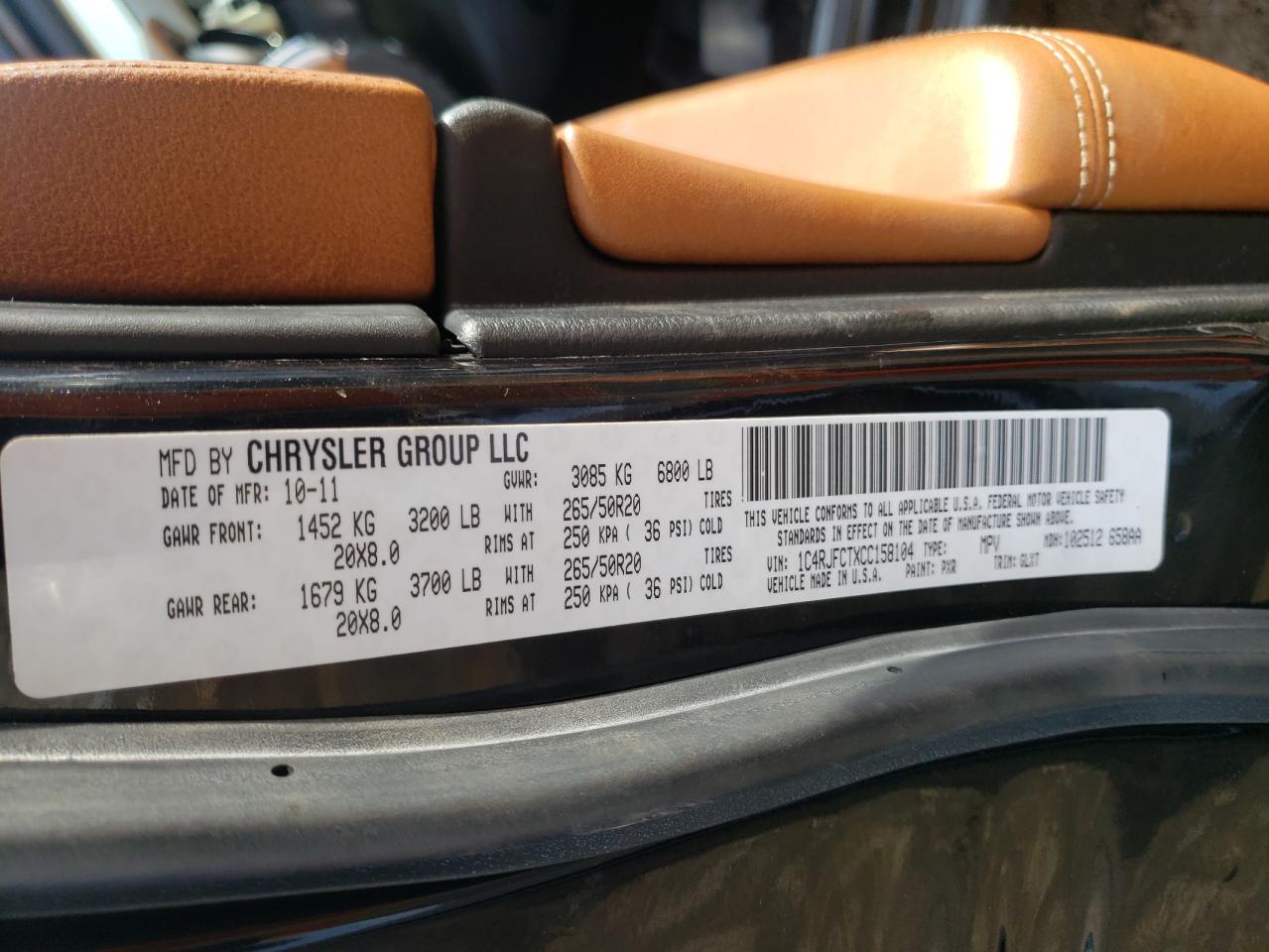 Photo 10 from auction – 2012 JEEP GRAND CHER with VIN 1C4RJFCTXCC158104