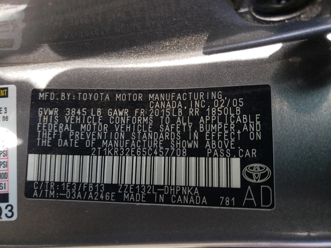 Photo 10 from auction – 2005 TOYOTA COROLLA MA with VIN 2T1KR32E65C457708