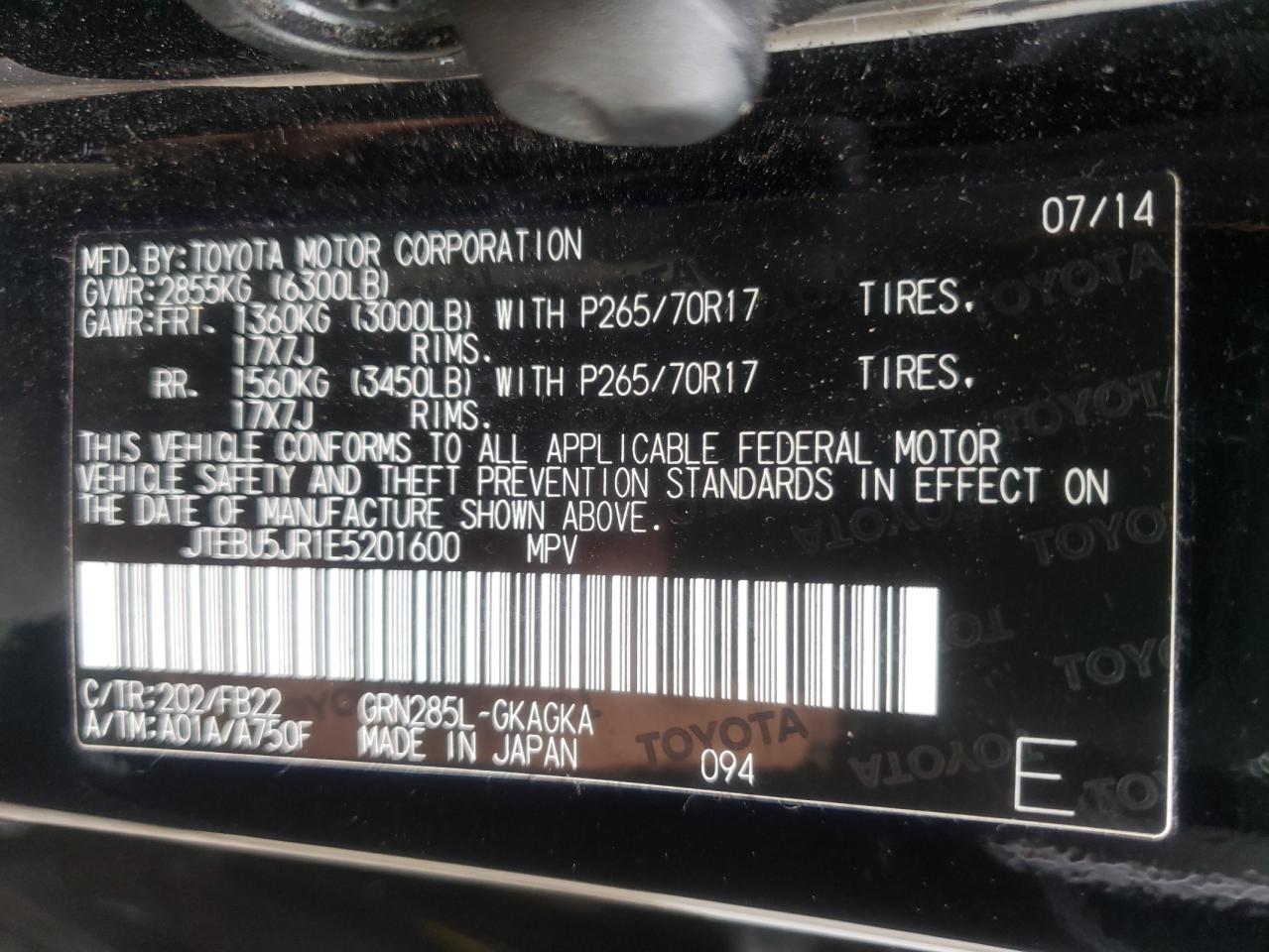 Photo 10 from auction – 2014 TOYOTA 4RUNNER SR with VIN JTEBU5JR1E5201600