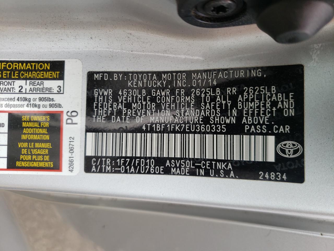 Photo 10 from auction – 2014 TOYOTA CAMRY L with VIN 4T1BF1FK7EU360335