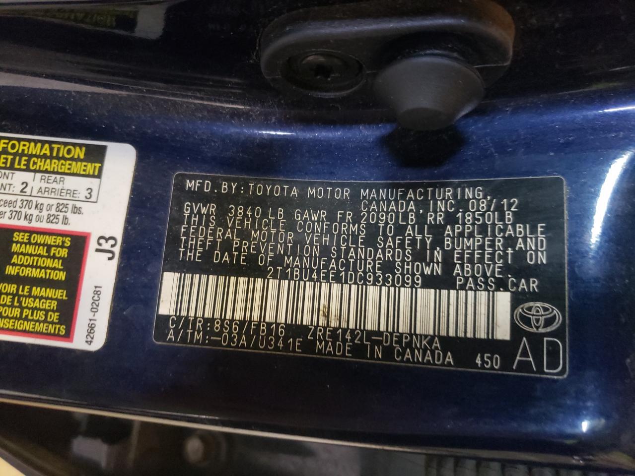 Photo 10 from auction – 2013 TOYOTA COROLLA BA with VIN 2T1BU4EE1DC933099