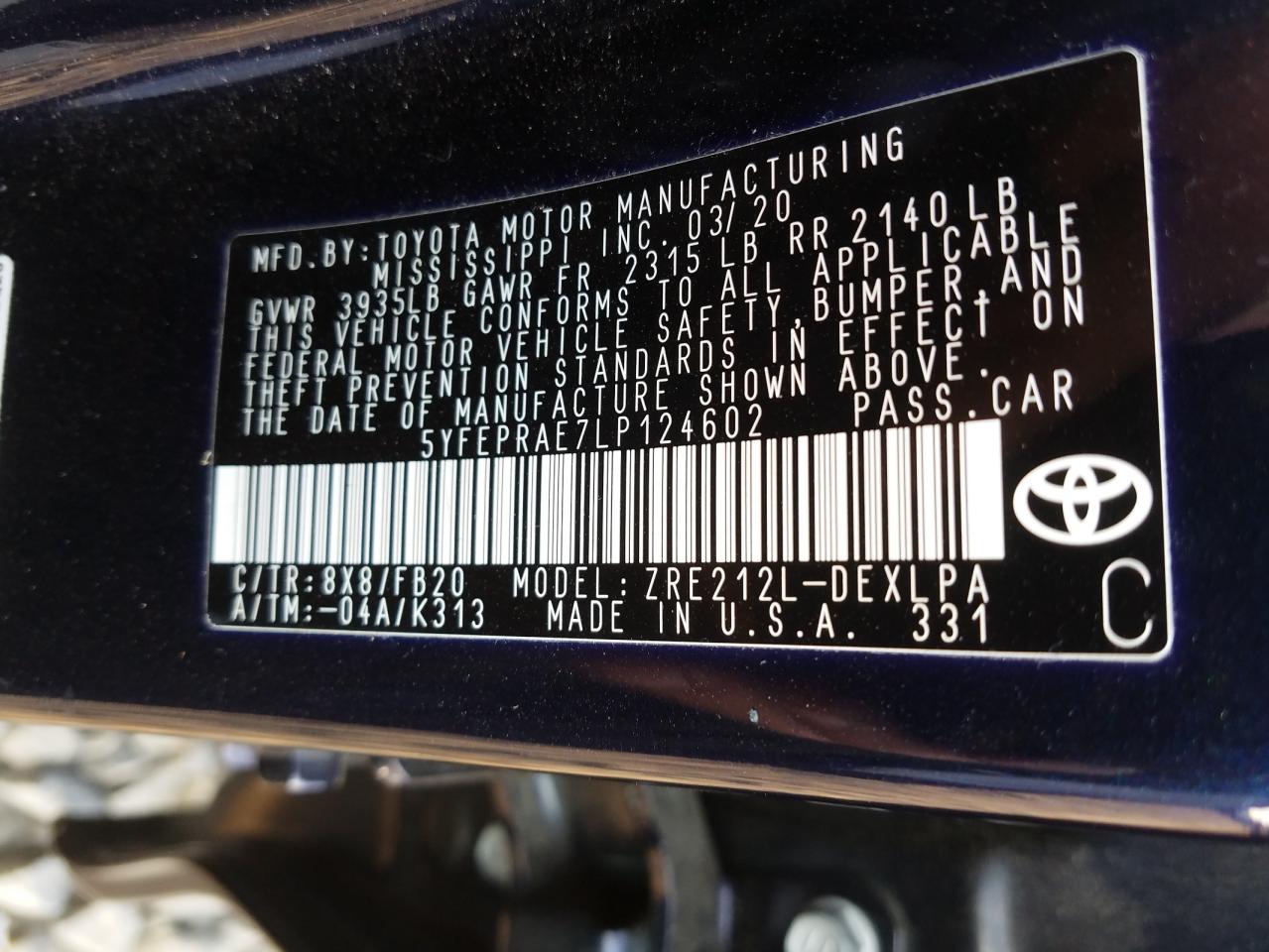 Photo 10 from auction – 2020 TOYOTA COROLLA LE with VIN 5YFEPRAE7LP124602