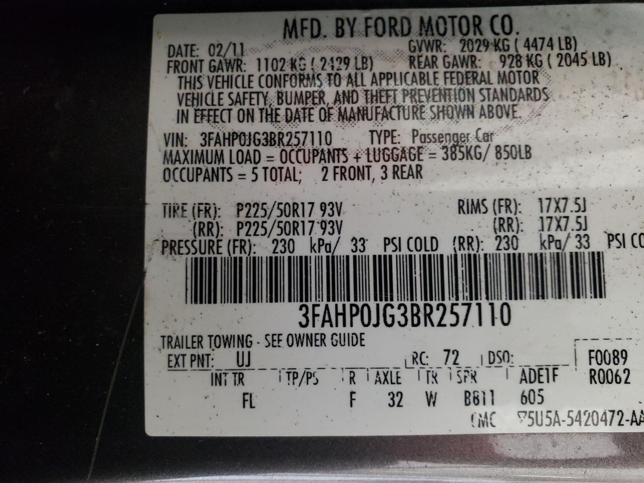 Photo 10 from auction – 2011 FORD FUSION SEL with VIN 3FAHP0JG3BR257110