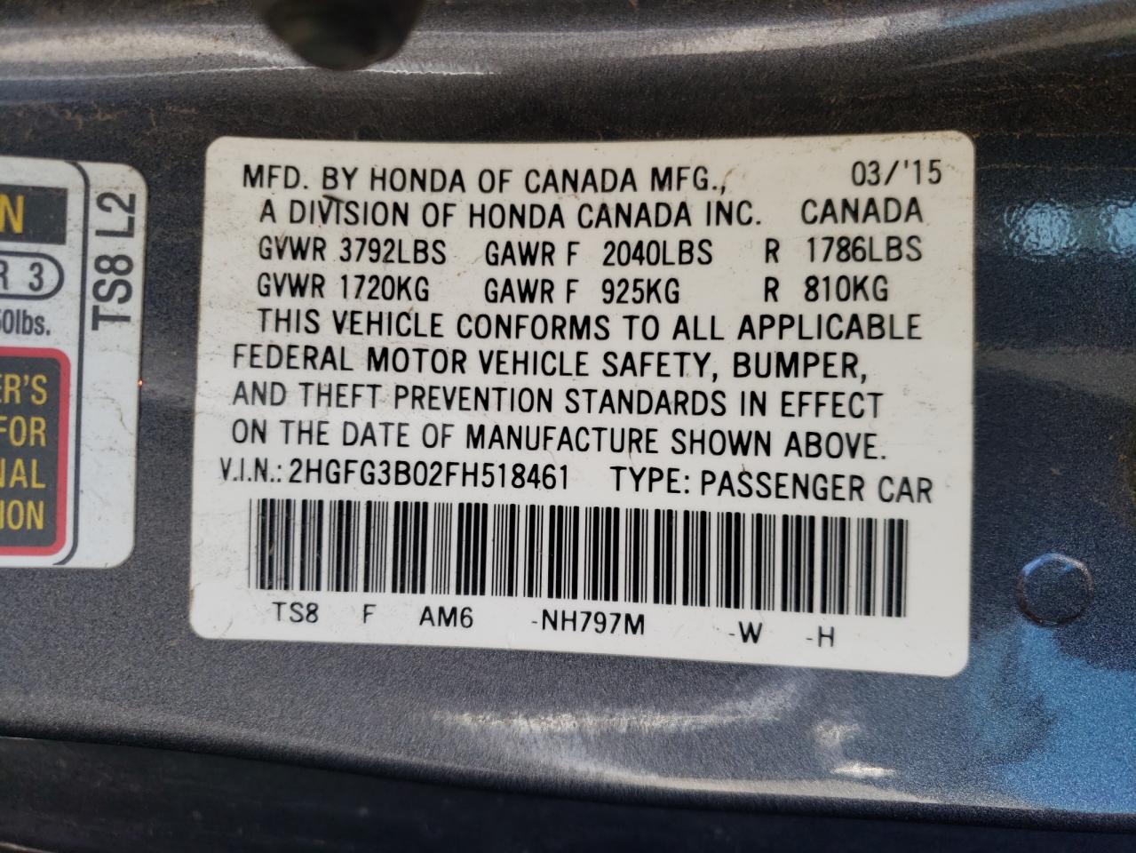 Photo 10 from auction – 2015 HONDA CIVIC with VIN 2HGFG3B02FH518461