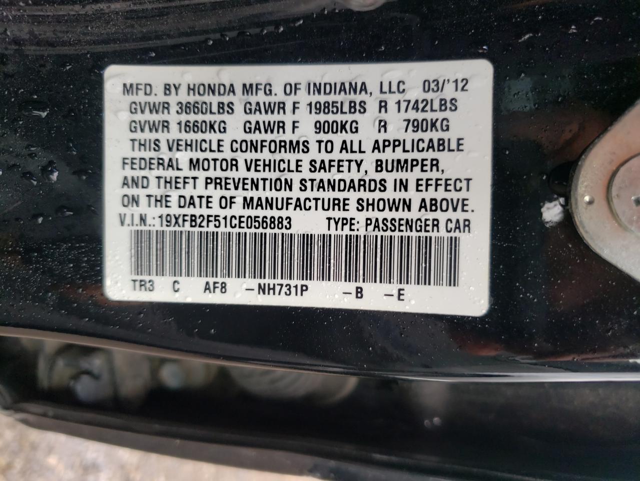 Photo 10 from auction – 2012 HONDA CIVIC LX with VIN 19XFB2F51CE056883