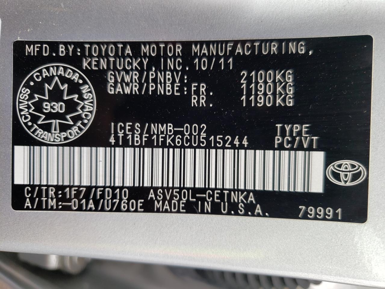 Photo 10 from auction – 2012 TOYOTA CAMRY BASE with VIN 4T1BF1FK6CU515244