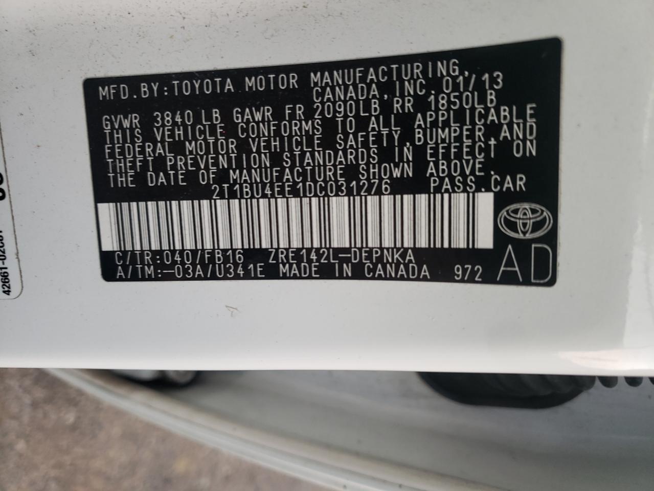 Photo 10 from auction – 2013 TOYOTA COROLLA BA with VIN 2T1BU4EE1DC031276