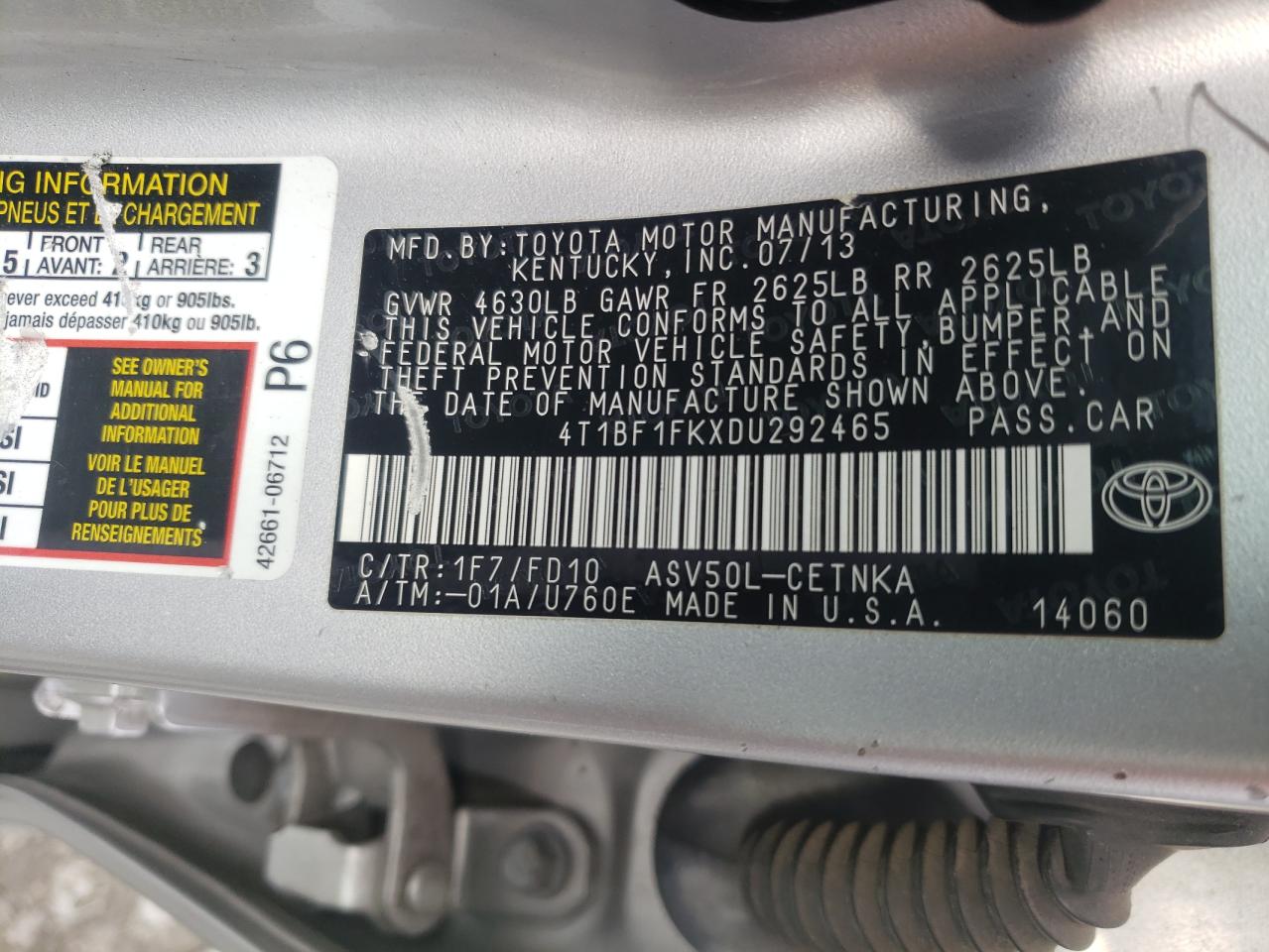 Photo 10 from auction – 2013 TOYOTA CAMRY L with VIN 4T1BF1FKXDU292465