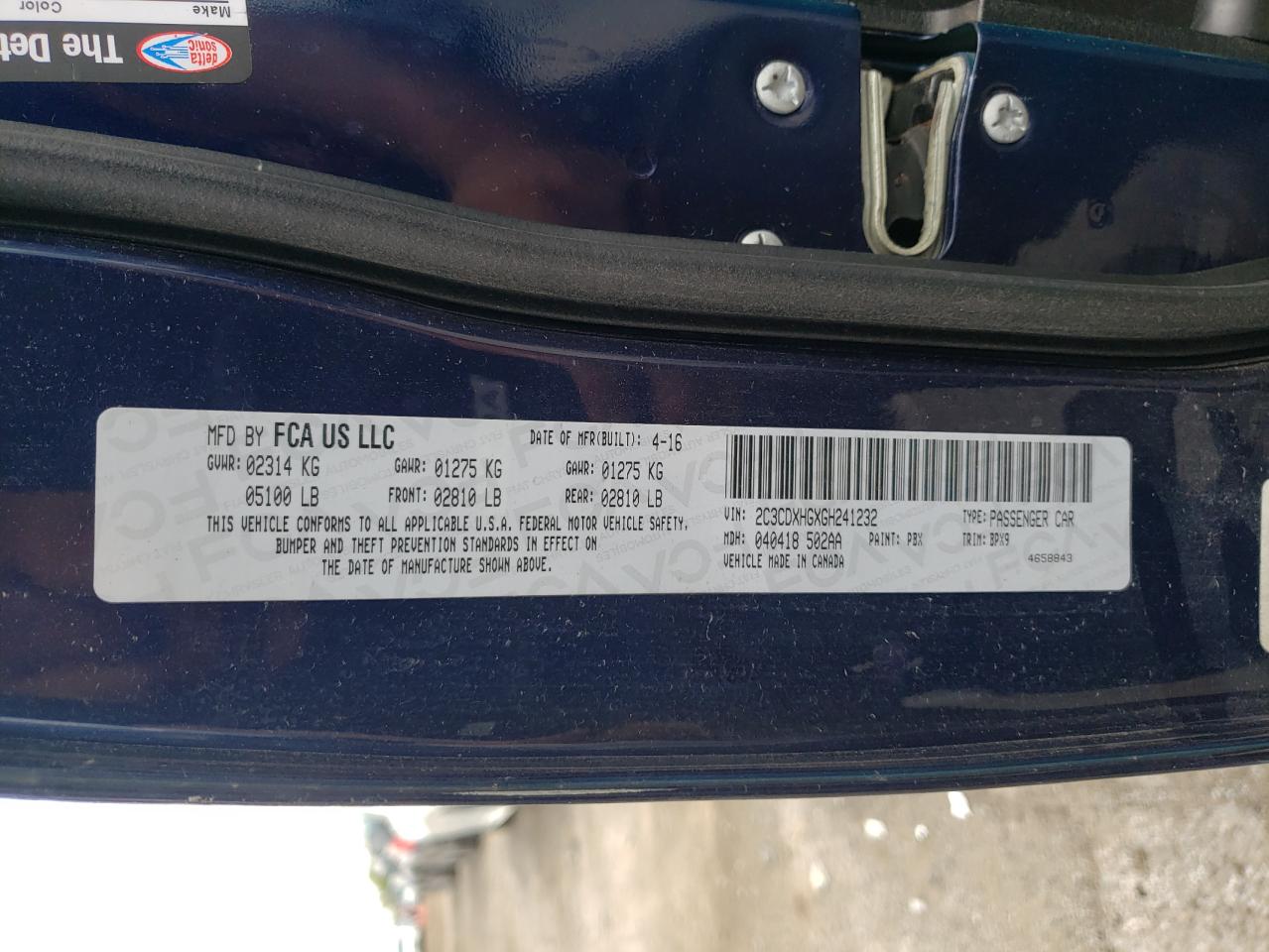 Photo 10 from auction – 2016 DODGE CHARGER SX with VIN 2C3CDXHGXGH241232