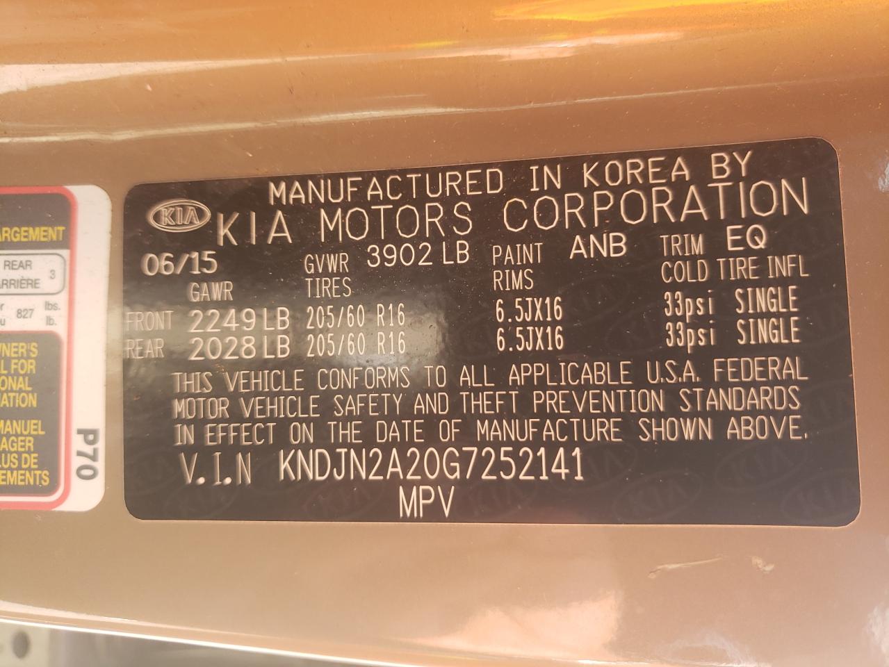 Photo 10 from auction – 2016 KIA SOUL with VIN KNDJN2A20G7252141