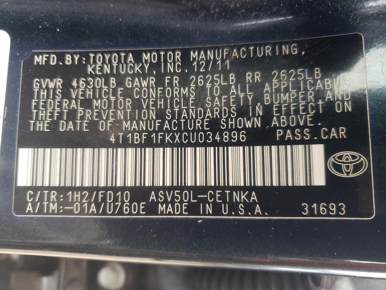 Photo 10 from auction – 2012 TOYOTA CAMRY BASE with VIN 4T1BF1FKXCU034896