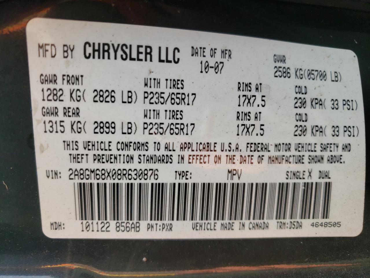 Photo 10 from auction – 2008 CHRYSLER PACIFICA with VIN 2A8GM68X08R630876