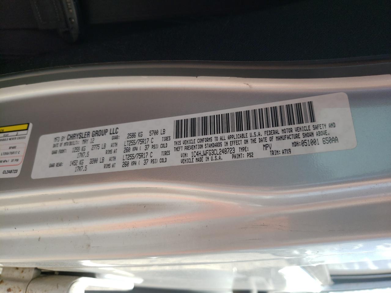 Photo 10 from auction – 2012 JEEP WRANGLER U with VIN 1C4HJWFG3CL248723