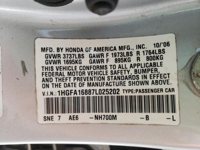 Photo 10 from auction – 2007 HONDA CIVIC EX with VIN 1HGFA16887L025202