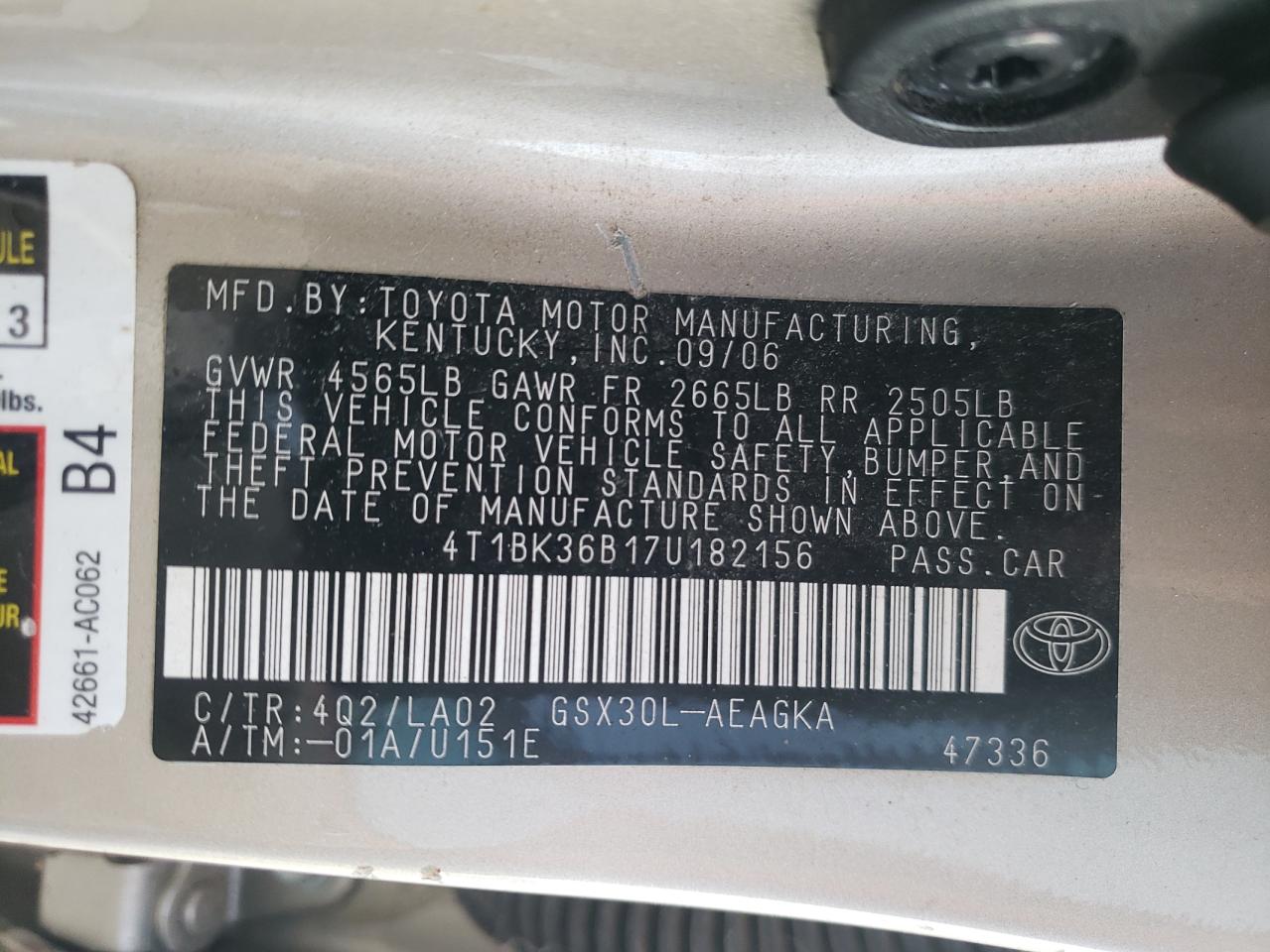 Photo 10 from auction – 2007 TOYOTA AVALON with VIN 4T1BK36B17U182156