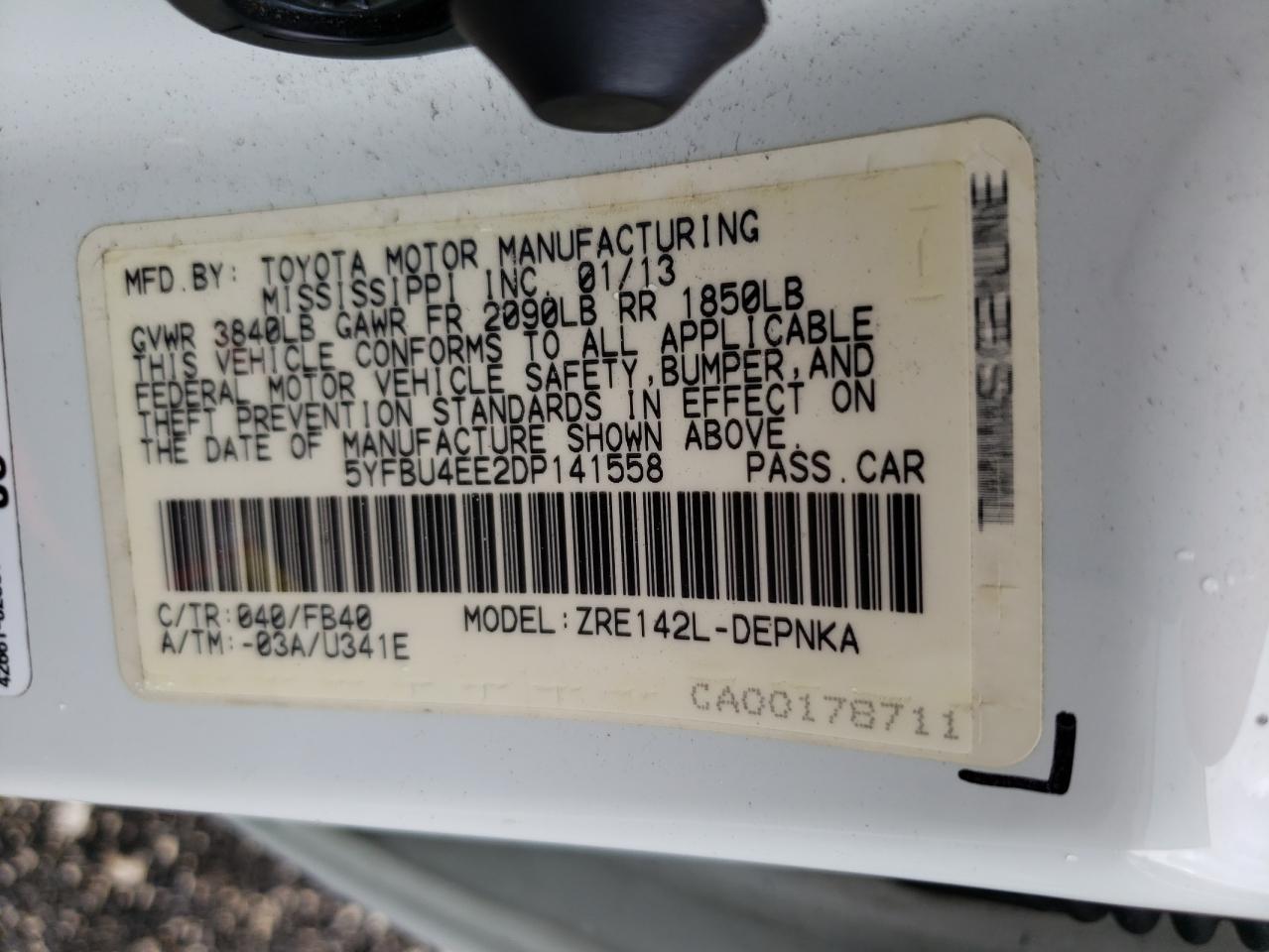 Photo 10 from auction – 2013 TOYOTA COROLLA BA with VIN 5YFBU4EE2DP141558