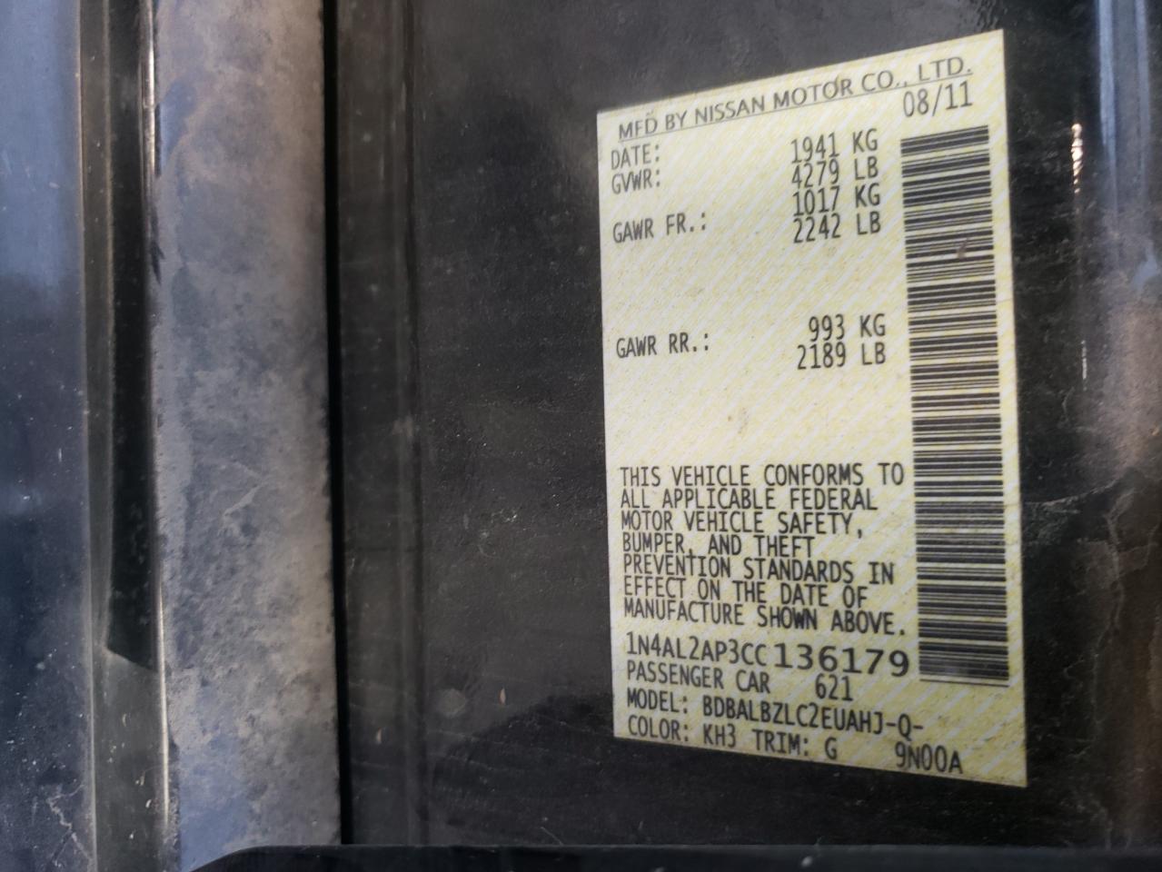 Photo 10 from auction – 2012 NISSAN ALTIMA BAS with VIN 1N4AL2AP3CC136179