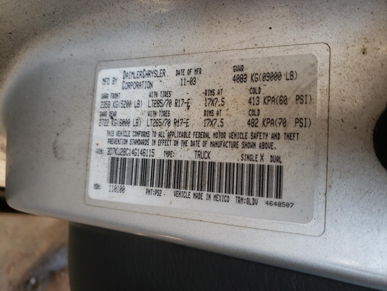 Photo 10 from auction – 2004 DODGE RAM 2500 S with VIN 3D7KU28C14G146115