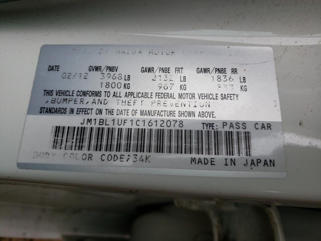 Photo 10 from auction – 2012 MAZDA 3 I with VIN JM1BL1UF1C1612078