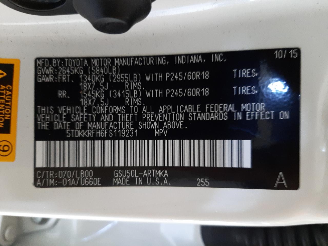 Photo 10 from auction – 2015 TOYOTA HIGHLANDER with VIN 5TDKKRFH6FS119231