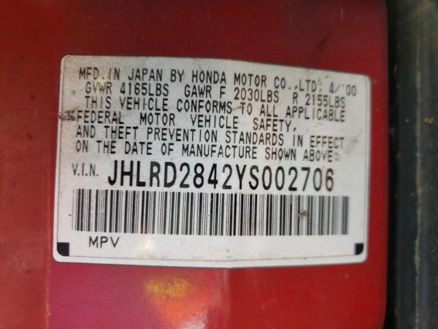 Photo 10 from auction – 1999 HONDA CR-V with VIN JHLRD2842YS002706