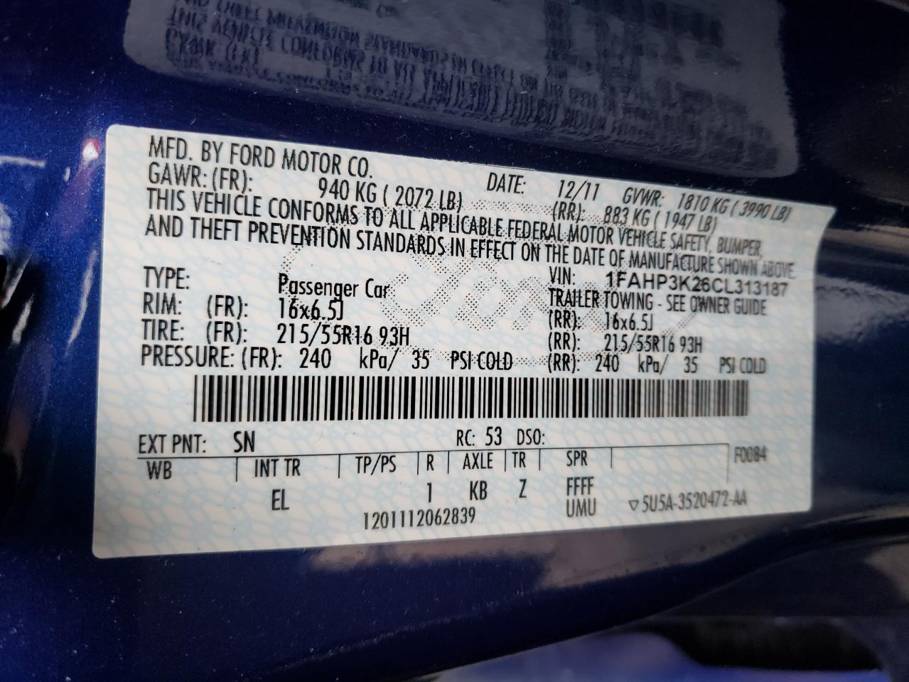 Photo 10 from auction – 2012 FORD FOCUS SE with VIN 1FAHP3K26CL313187