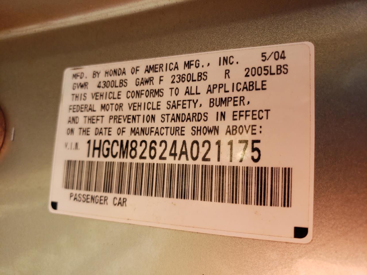 Photo 10 from auction – 2004 HONDA ACCORD EX with VIN 1HGCM82624A021175