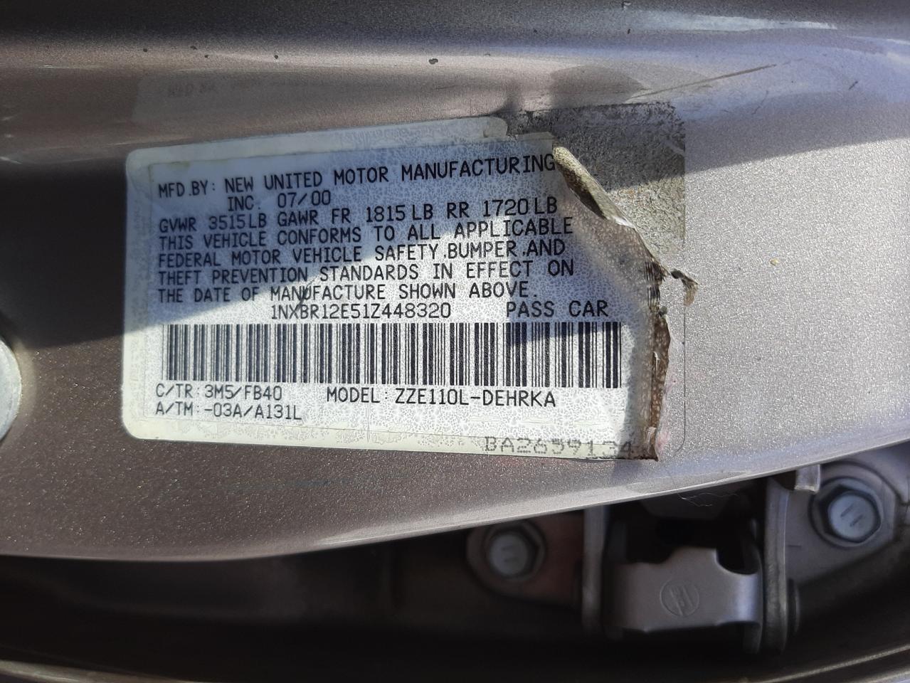 Photo 10 from auction – 2001 TOYOTA COROLLA CE with VIN 1NXBR12E51Z448320