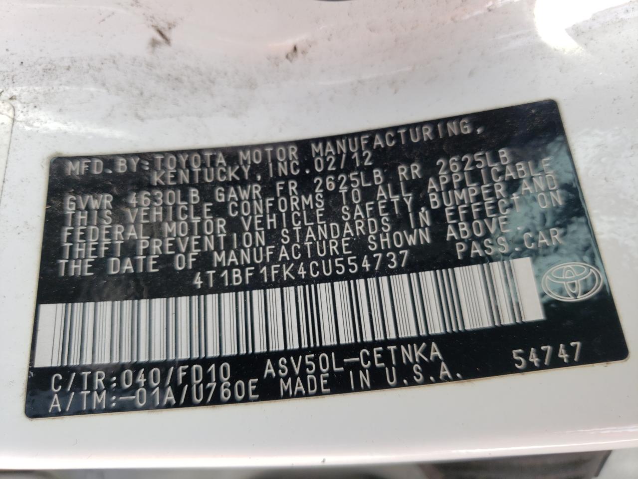 Photo 10 from auction – 2012 TOYOTA CAMRY with VIN 4T1BF1FK4CU554737