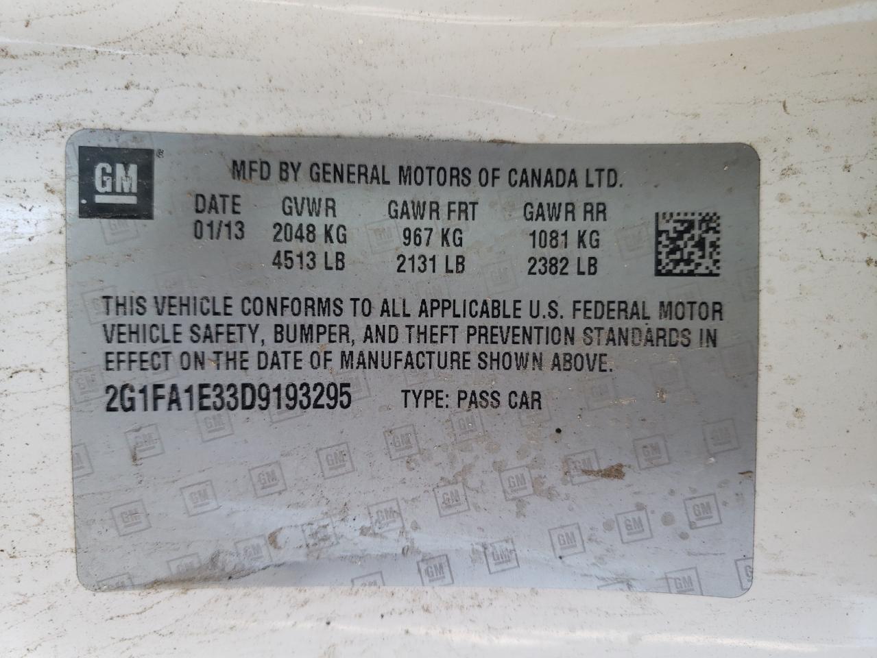 Photo 10 from auction – 2013 CHEVROLET CAMARO LS with VIN 2G1FA1E33D9193295