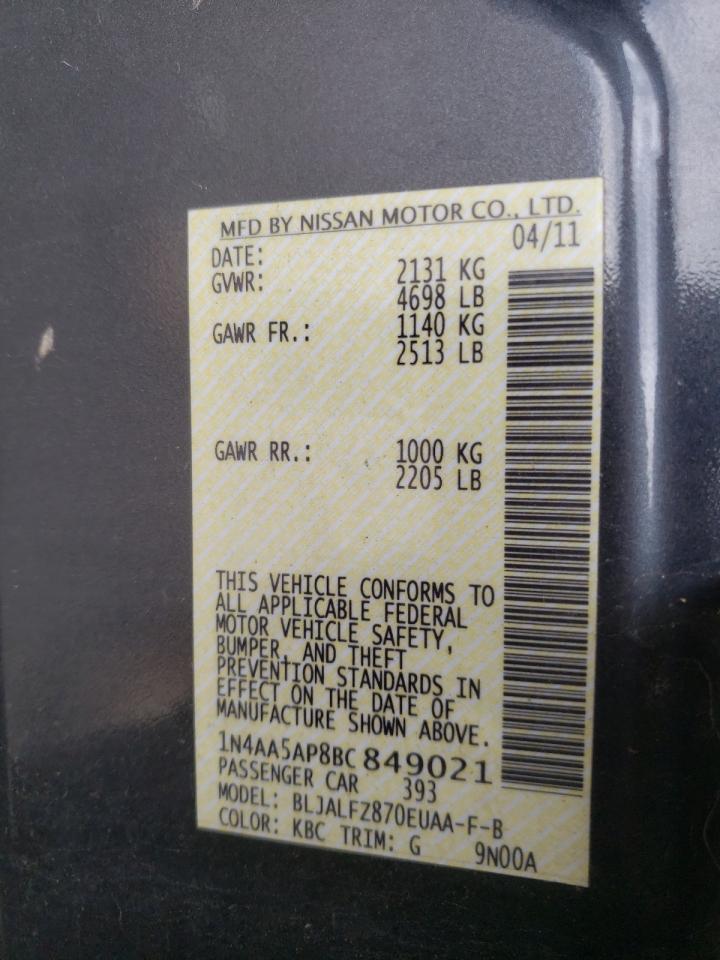 Photo 10 from auction – 2011 NISSAN MAXIMA S with VIN 1N4AA5AP8BC849021