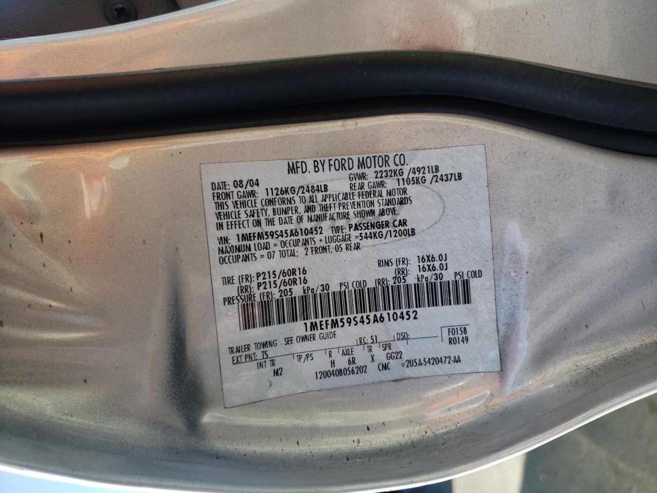 Photo 10 from auction – 2005 MERCURY SABLE LS P with VIN 1MEFM59S45A610452