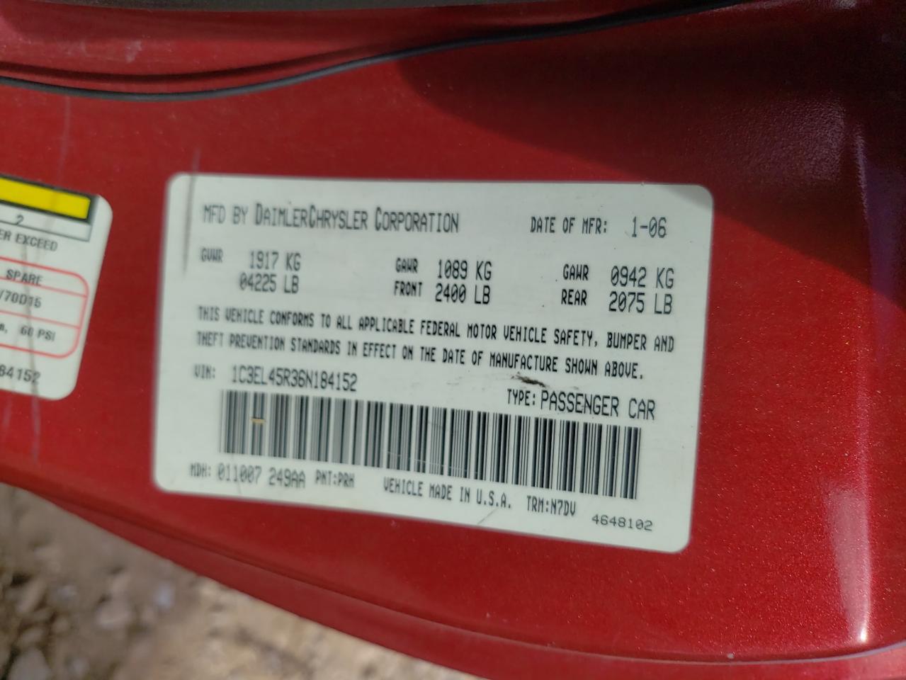 Photo 10 from auction – 2006 CHRYSLER SEBRING with VIN 1C3EL45R36N184152