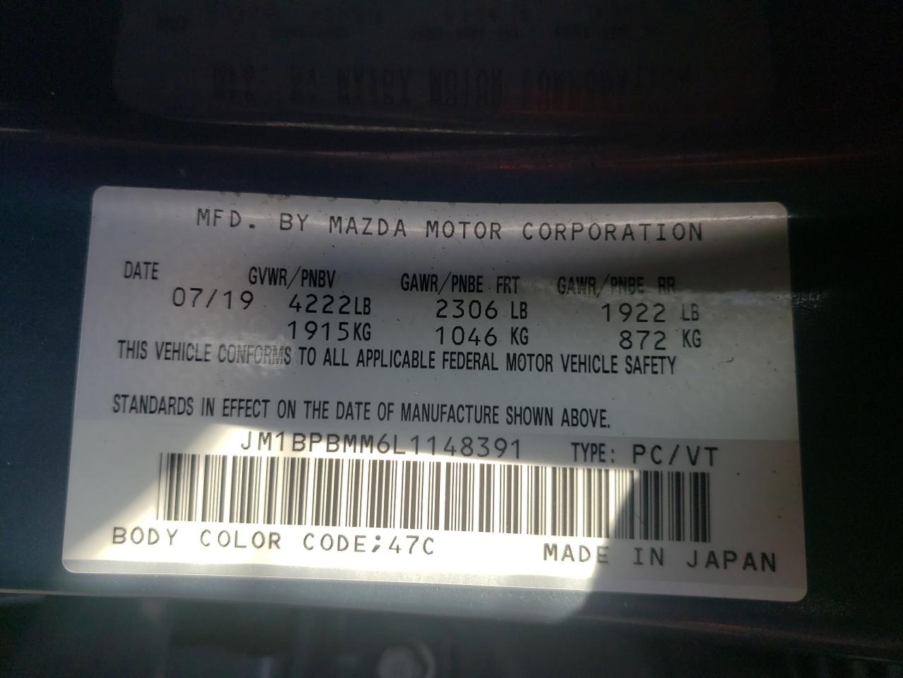 Photo 10 from auction – 2020 MAZDA 3 PREFERRE with VIN JM1BPBMM6L1148391