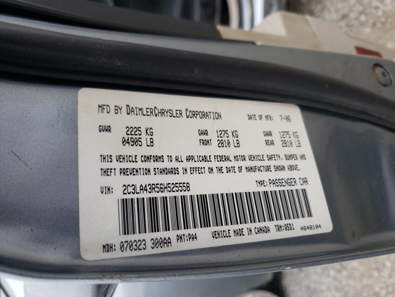 Photo 10 from auction – 2006 CHRYSLER 300 with VIN 2C3LA43R56H525558