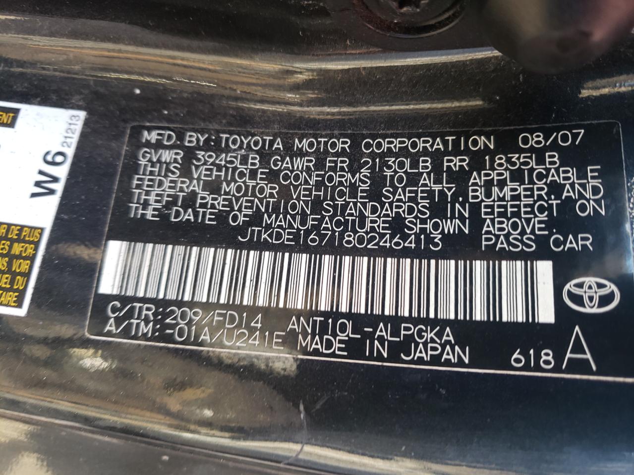 Photo 10 from auction – 2008 TOYOTA SCION TC with VIN JTKDE167180246413