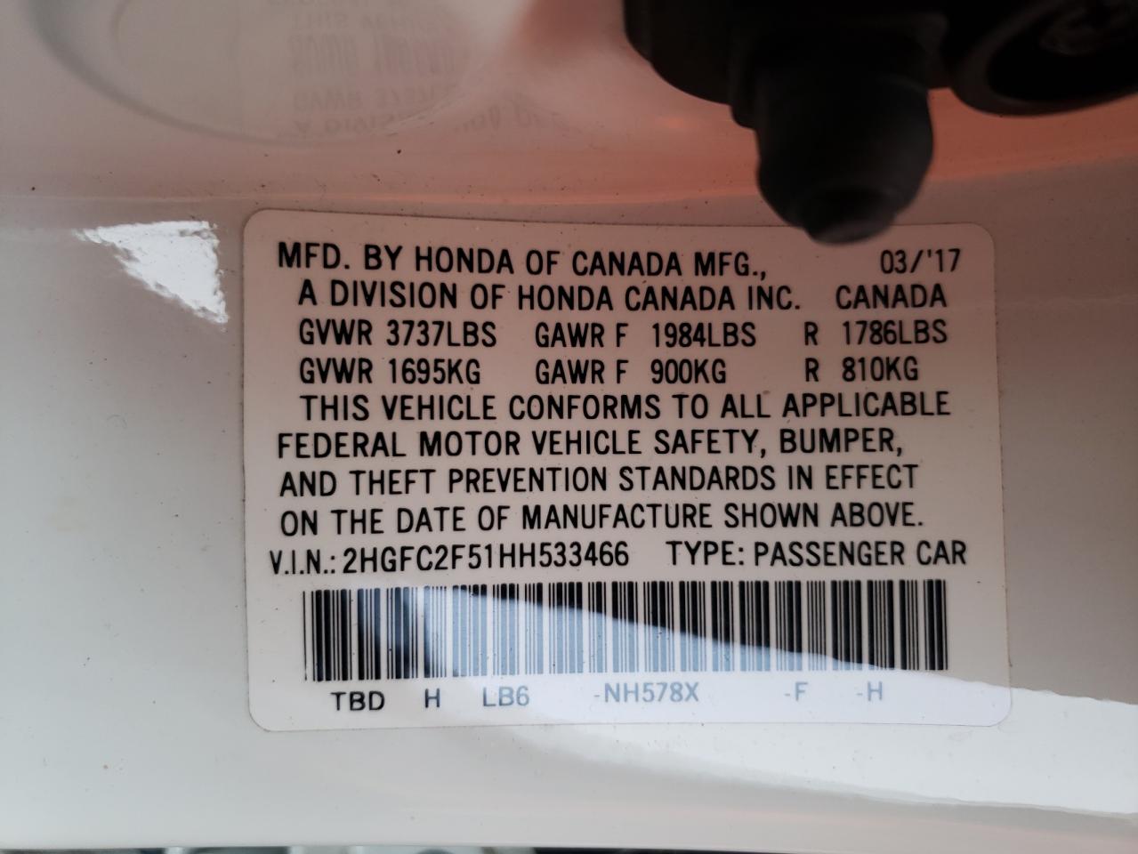 Photo 10 from auction – 2017 HONDA CIVIC LX with VIN 2HGFC2F51HH533466