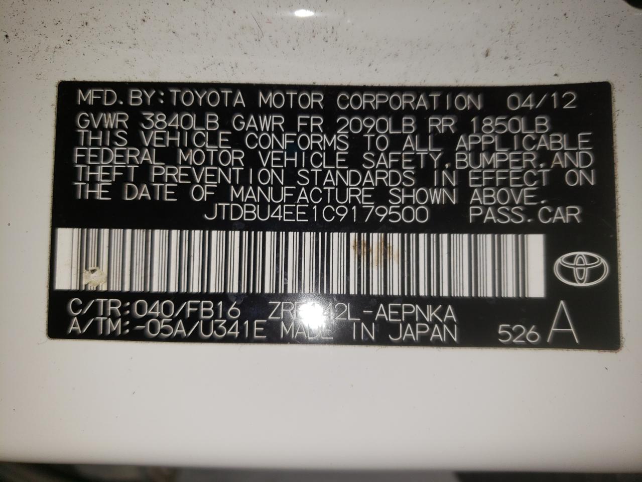 Photo 10 from auction – 2012 TOYOTA COROLLA BA with VIN JTDBU4EE1C9179500