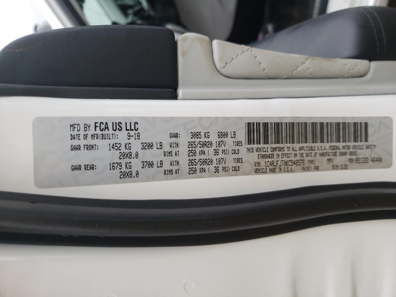 Photo 10 from auction – 2019 JEEP GRAND CHER with VIN 1C4RJFJT0KC548579