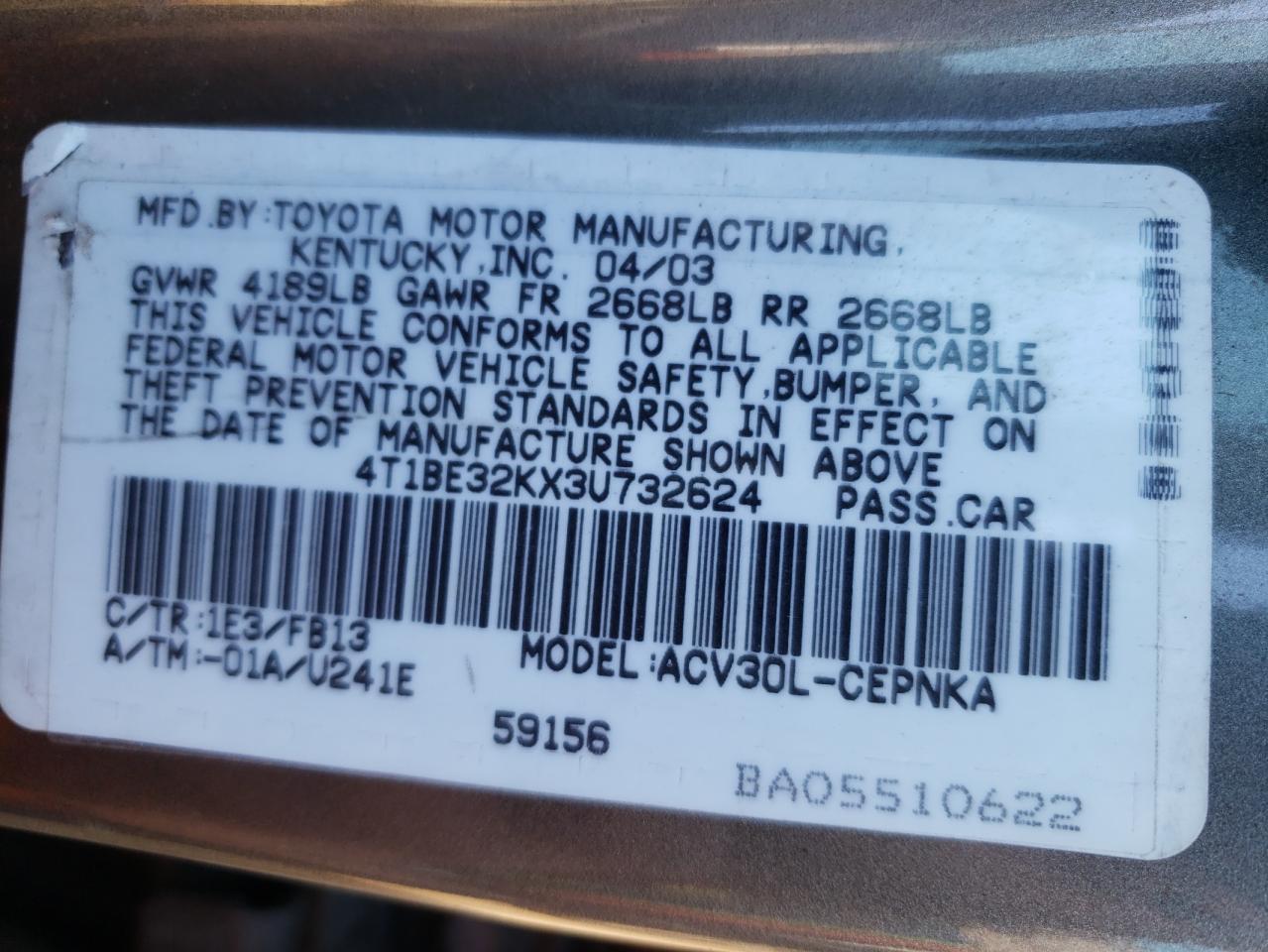 Photo 10 from auction – 2003 TOYOTA CAMRY LE with VIN 4T1BE32KX3U732624