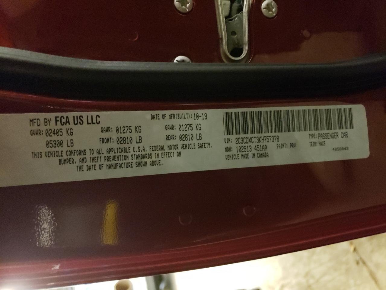 Photo 10 from auction – 2019 DODGE CHARGER R/ with VIN 2C3CDXCT3KH757378
