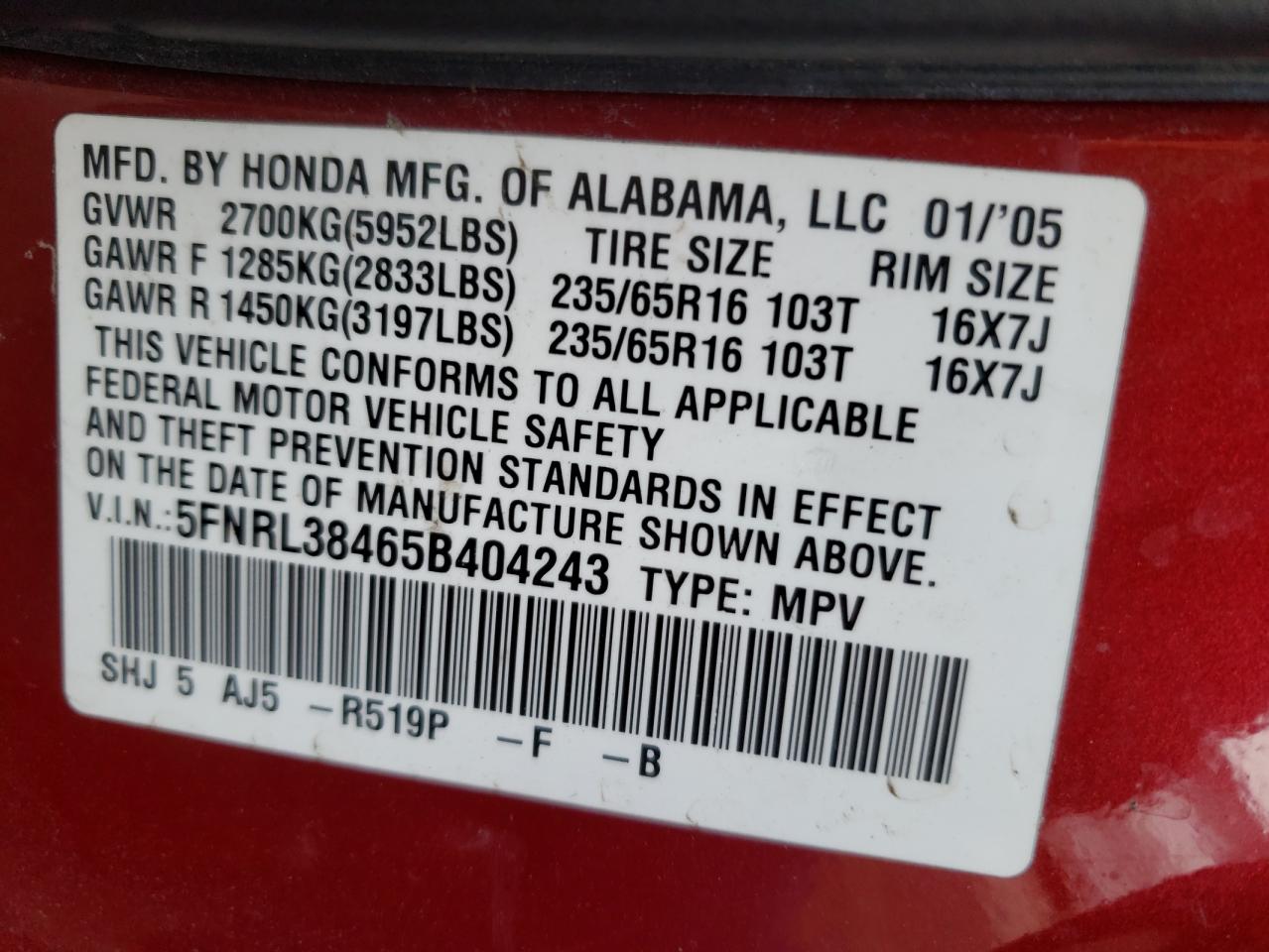 Photo 10 from auction – 2005 HONDA ODYSSEY with VIN 5FNRL38465B404243