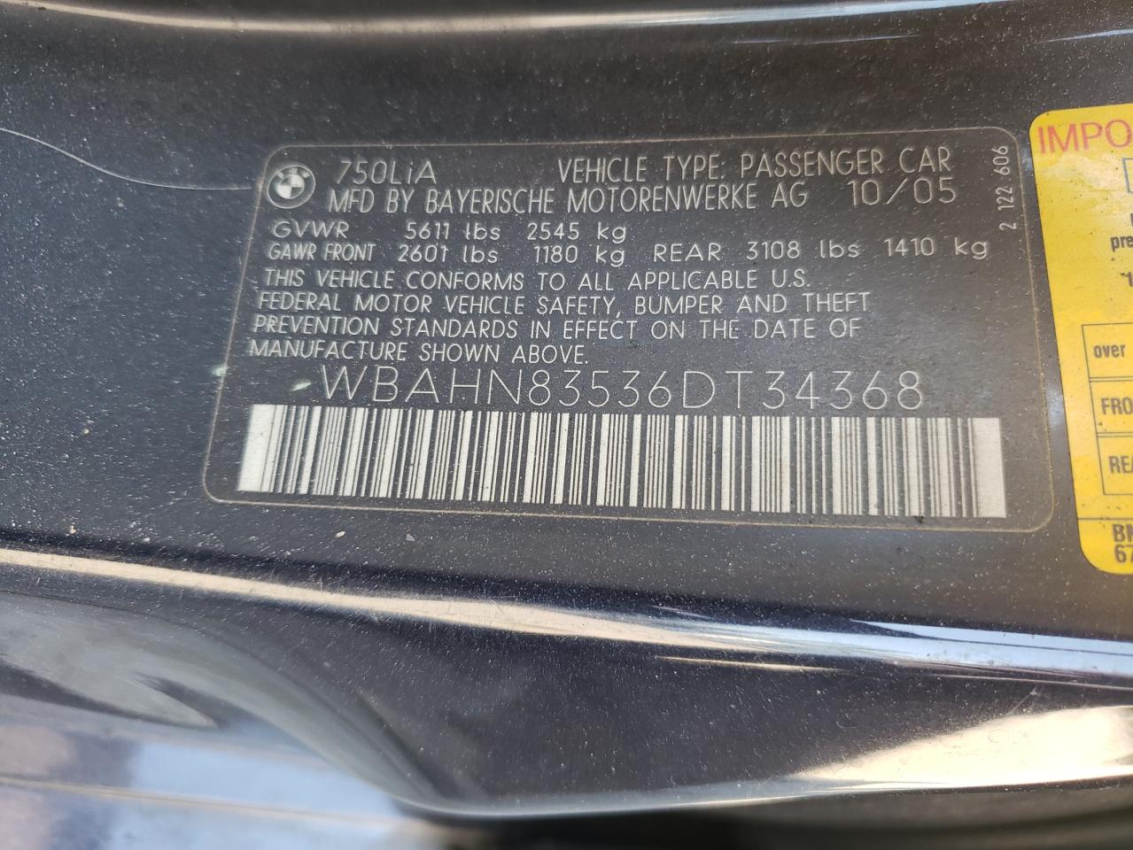 Photo 10 from auction – 2006 BMW 750 LI with VIN WBAHN83536DT34368