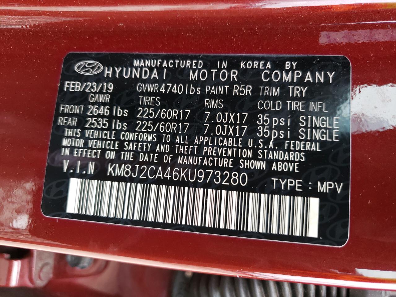 Photo 10 from auction – 2019 HYUNDAI TUCSON SE with VIN KM8J2CA46KU973280