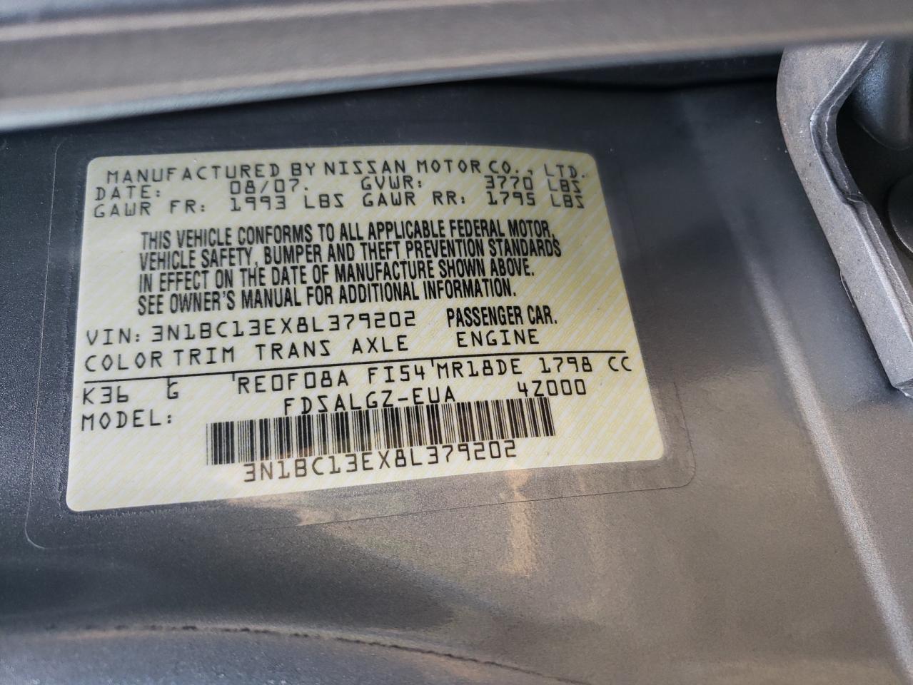 Photo 10 from auction – 2008 NISSAN VERSA S with VIN 3N1BC13EX8L379202